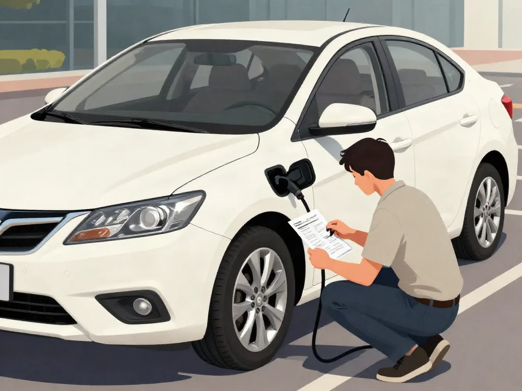 Buyer inspecting panel gaps on a used sedan while holding a vehicle history report