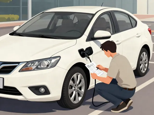 Buyer inspecting panel gaps on a used sedan while holding a vehicle history report