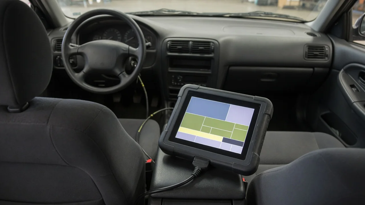 OBD scan tool displaying emissions readiness monitor status inside a parked vehicle