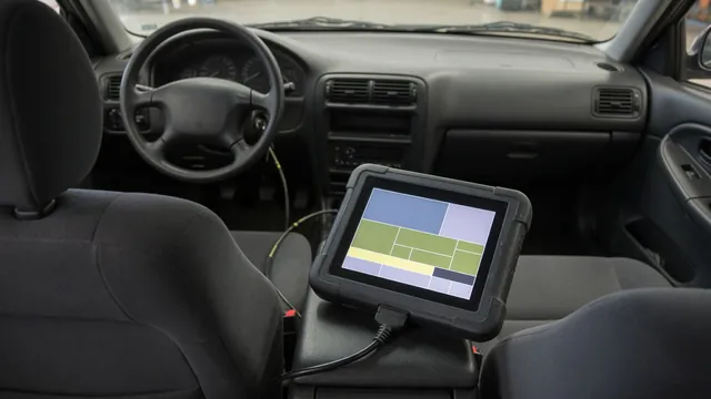 OBD scan tool displaying emissions readiness monitor status inside a parked vehicle