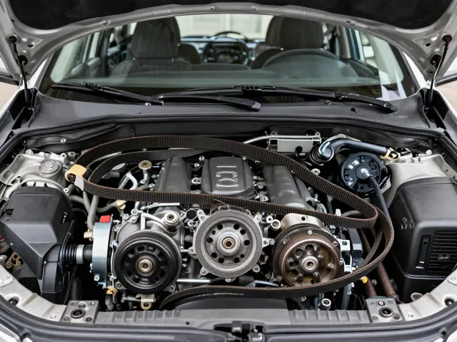 Accessory drive belt and pulleys in an engine bay with the engine off