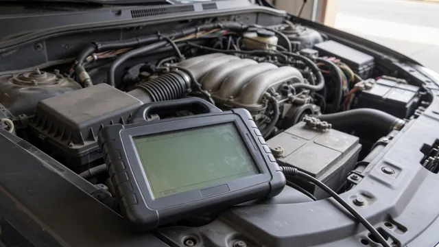 Diagnostic scanner displaying P0010 beside an open engine bay in an automotive workshop
