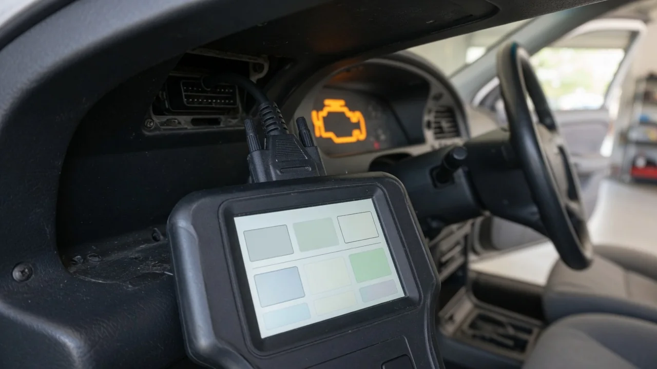 OBD-II scan tool connected to a car's diagnostic port showing a trouble code while the check engine light is on