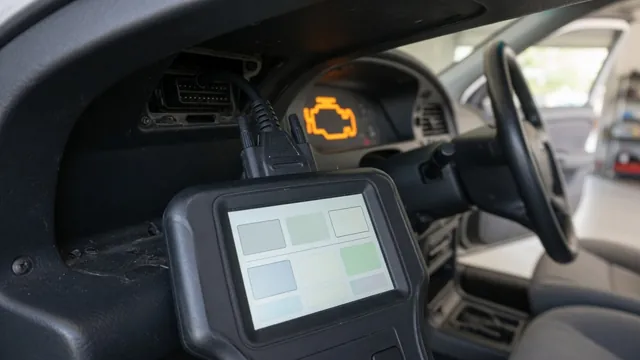 OBD-II scan tool connected to a car's diagnostic port showing a trouble code while the check engine light is on