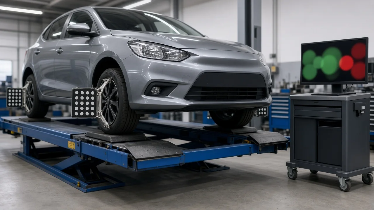 Car on an alignment rack with sensor targets on each wheel and a monitor showing alignment angle readings