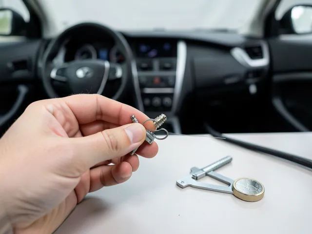 Measuring a spark plug gap with a wire-loop gauge, with feeler gauges and a coin gauge on a workbench