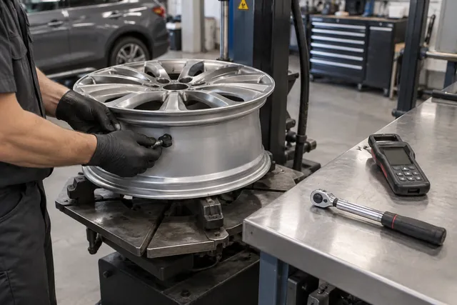 New tire pressure sensor being installed at the valve stem of a dismounted alloy wheel, with torque wrench and TPMS tool nearby