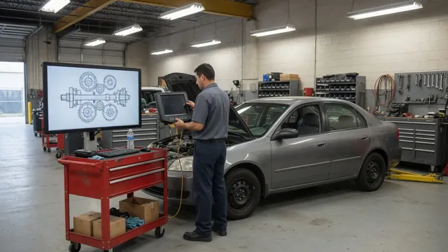 Technician reviewing transmission diagnostic codes on a scan tool beside a parked vehicle