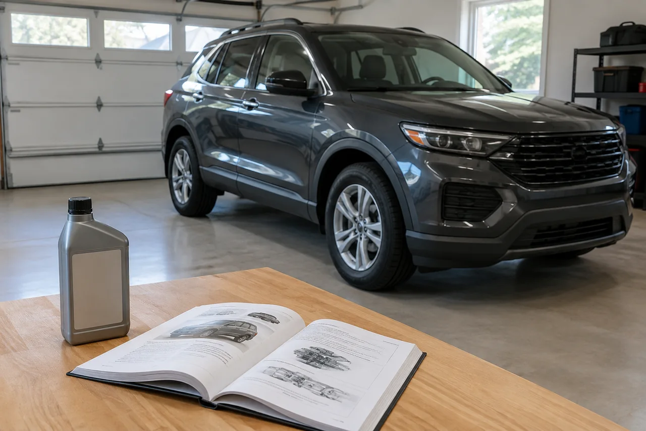 Ford power steering fluid selection with an owner’s manual and a sealed fluid bottle