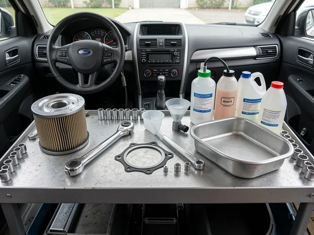 Transmission filter, pan gasket, fluid containers and tools arranged on a garage workbench