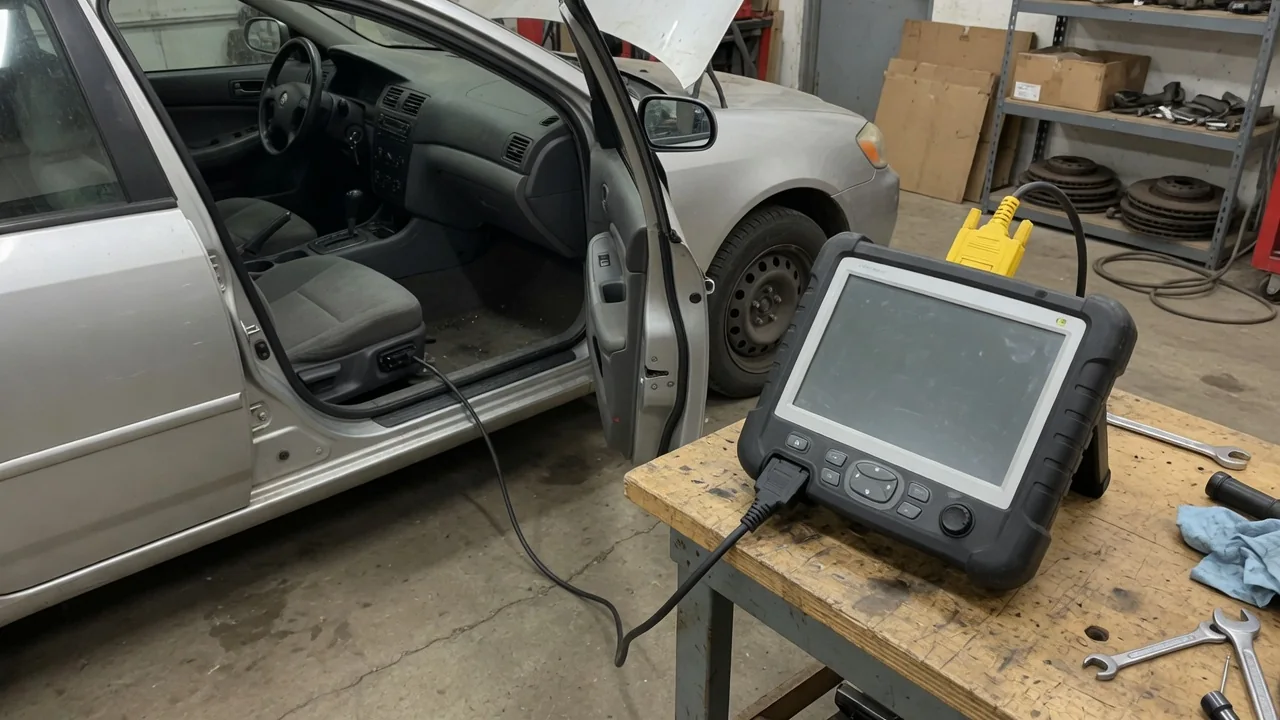 Diagnostic scanner connected inside a parked vehicle with P1603 displayed on screen