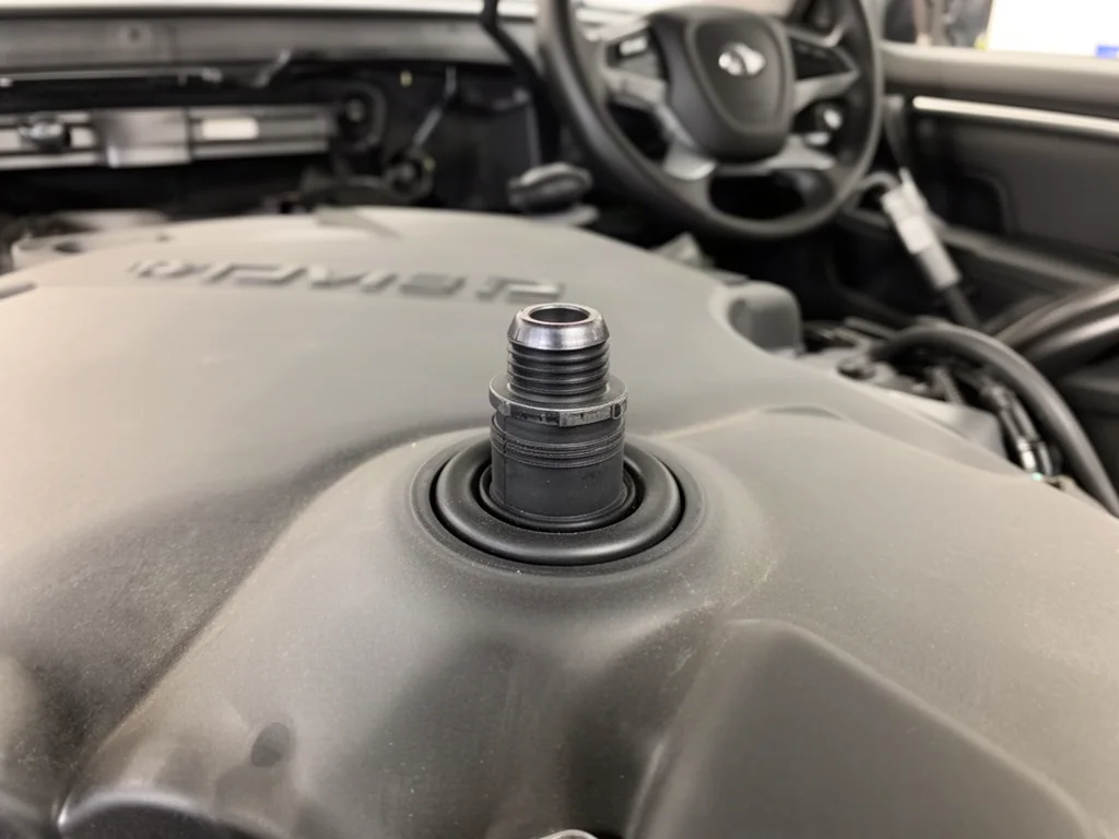 Close-up of a PCV valve seated in a rubber grommet on an engine valve cover