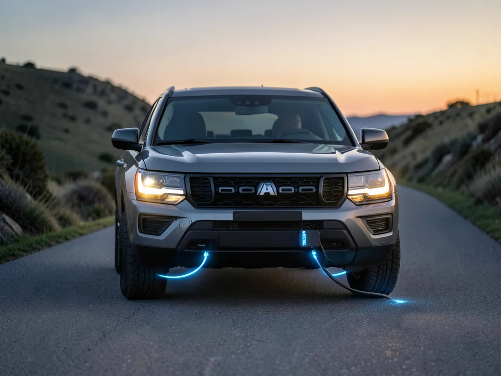 Plug-in hybrid SUV slowing downhill with brake lights on, illustrating regenerative braking energy flowing back to the battery