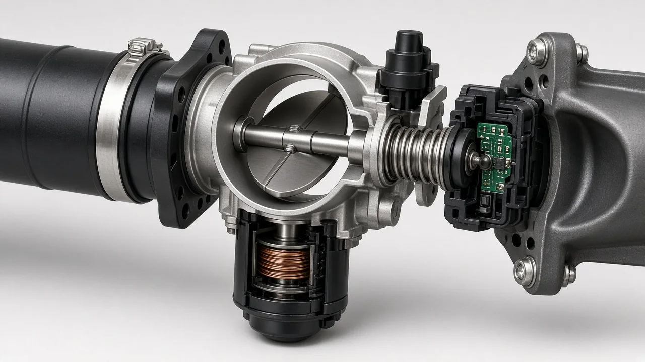 Cutaway illustration of a car throttle body showing the butterfly valve, shaft, sensor, and actuator between the intake tube and manifold