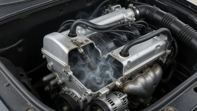 Illustration of a PCV valve and crankcase ventilation hose routing on a generic gasoline engine