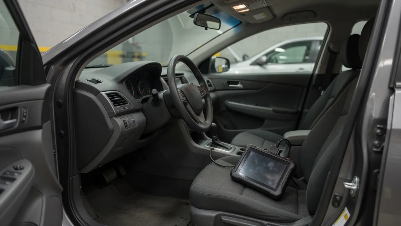 Diagnostic scanner connected inside a parked vehicle during a trouble code assessment