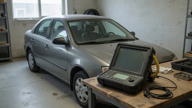 Diagnostic scanner beside a parked vehicle with P1404 displayed on its screen