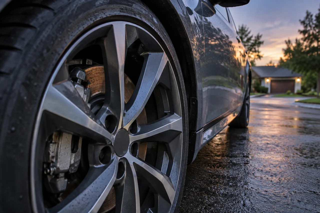 Brake rotor with light surface rust visible through the alloy wheel of an electric car parked on a wet driveway