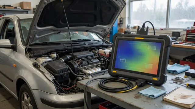 Diagnostic scan tool displaying P1362 beside a parked vehicle in an automotive workshop