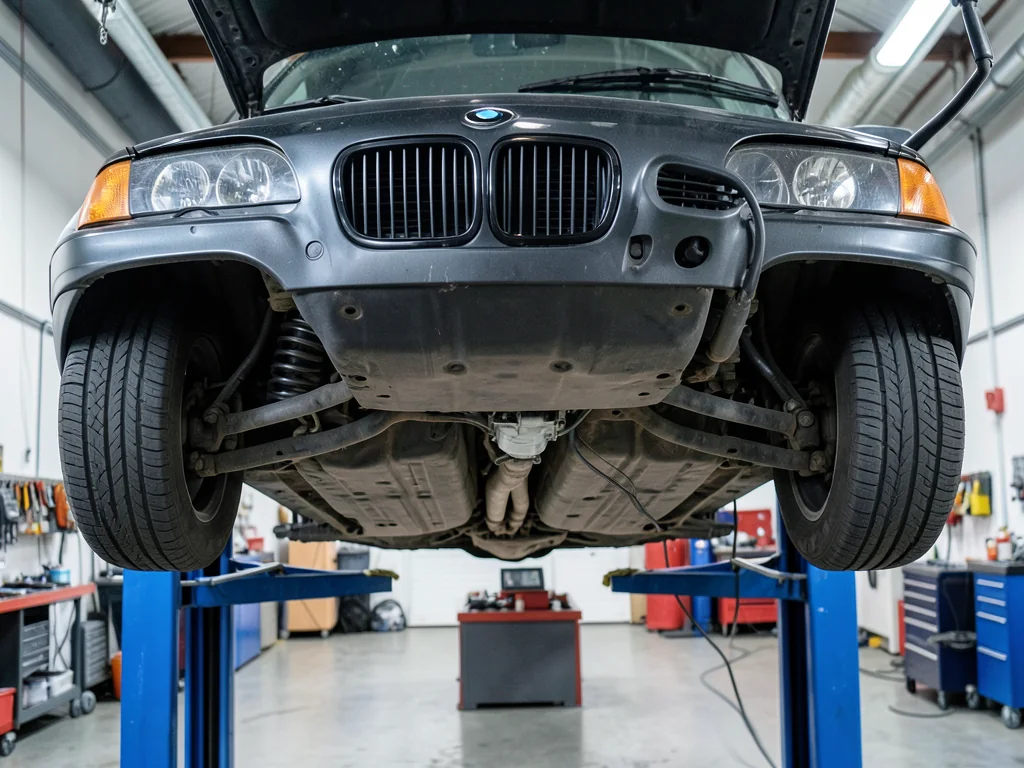 BMW E46 on a workshop lift with the underbody fuel filter area highlighted