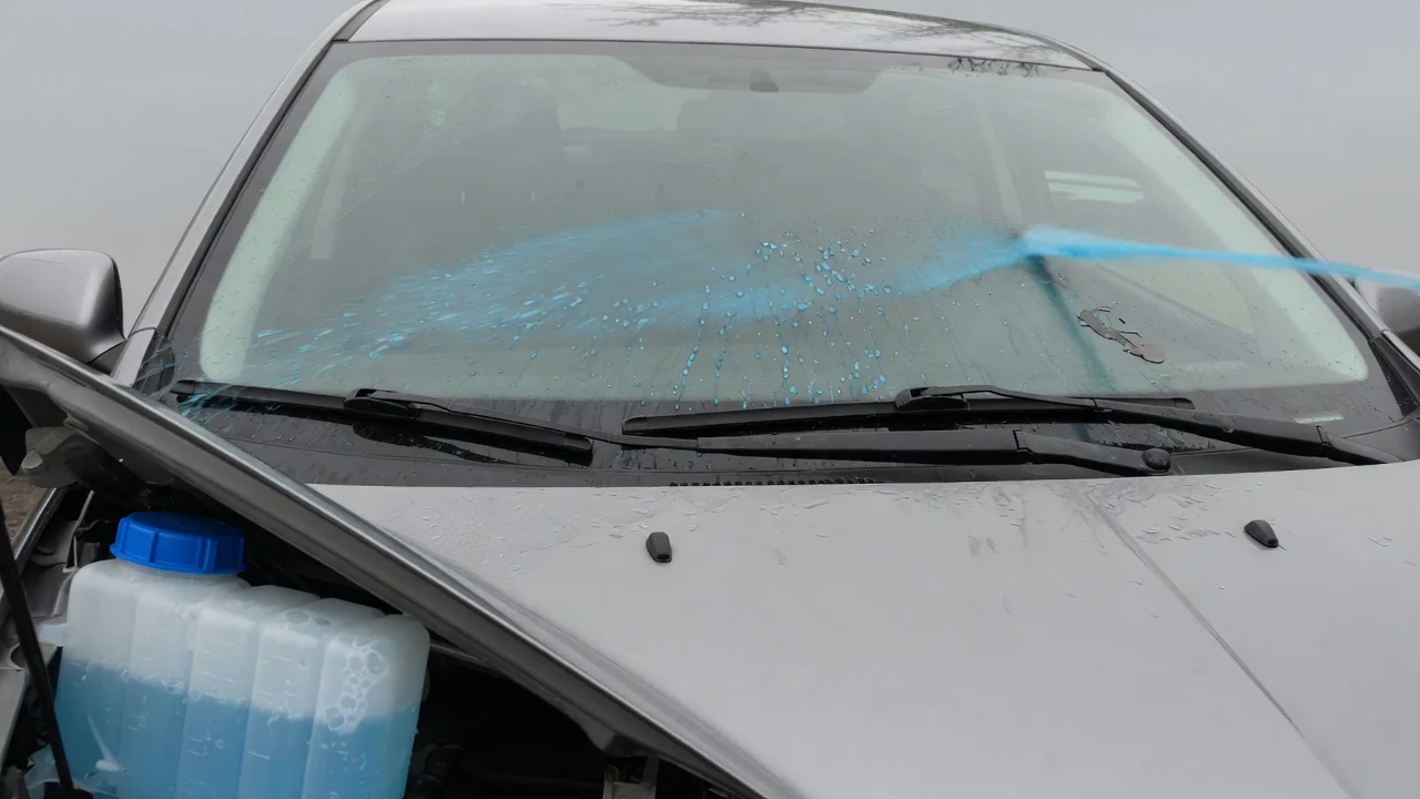 Car windshield with one washer nozzle spraying fluid and the other dry, showing a washer system that works on only one side