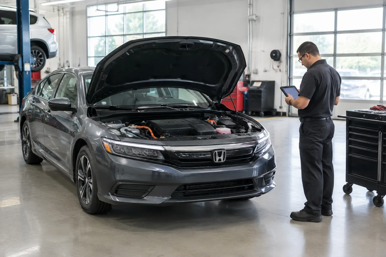 Honda hybrid parked in a service bay for a battery assessment, with the hood open and battery components enclosed