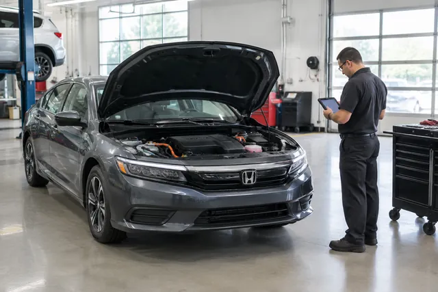 Honda hybrid parked in a service bay for a battery assessment, with the hood open and battery components enclosed