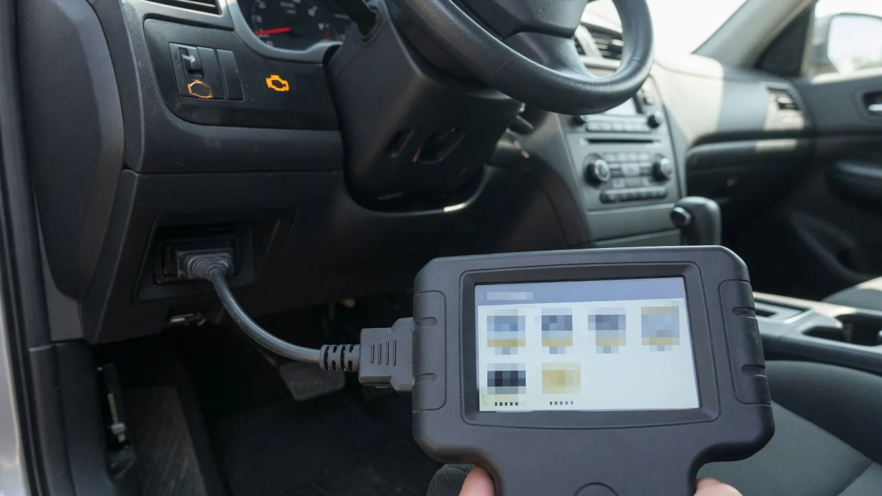 OBD-II scan tool plugged in under a car dashboard to read a stored trouble code, with the check engine light on
