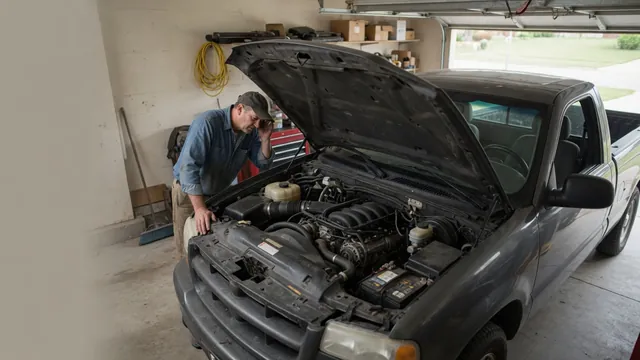 Owner listening for a knocking noise from the open engine bay of a pickup truck in a home garage
