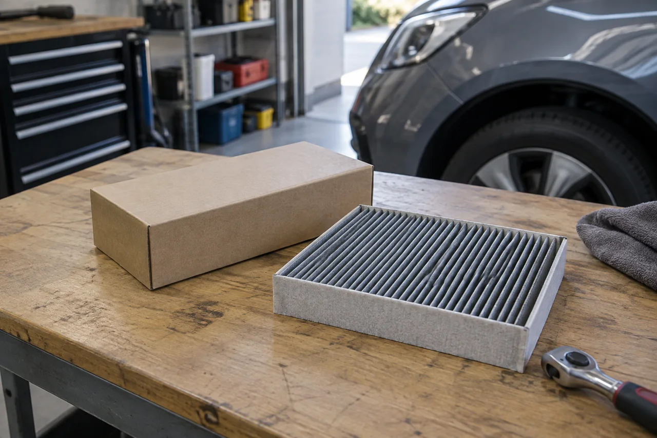 Pleated cabin air filter resting beside its open packaging on a clean workbench