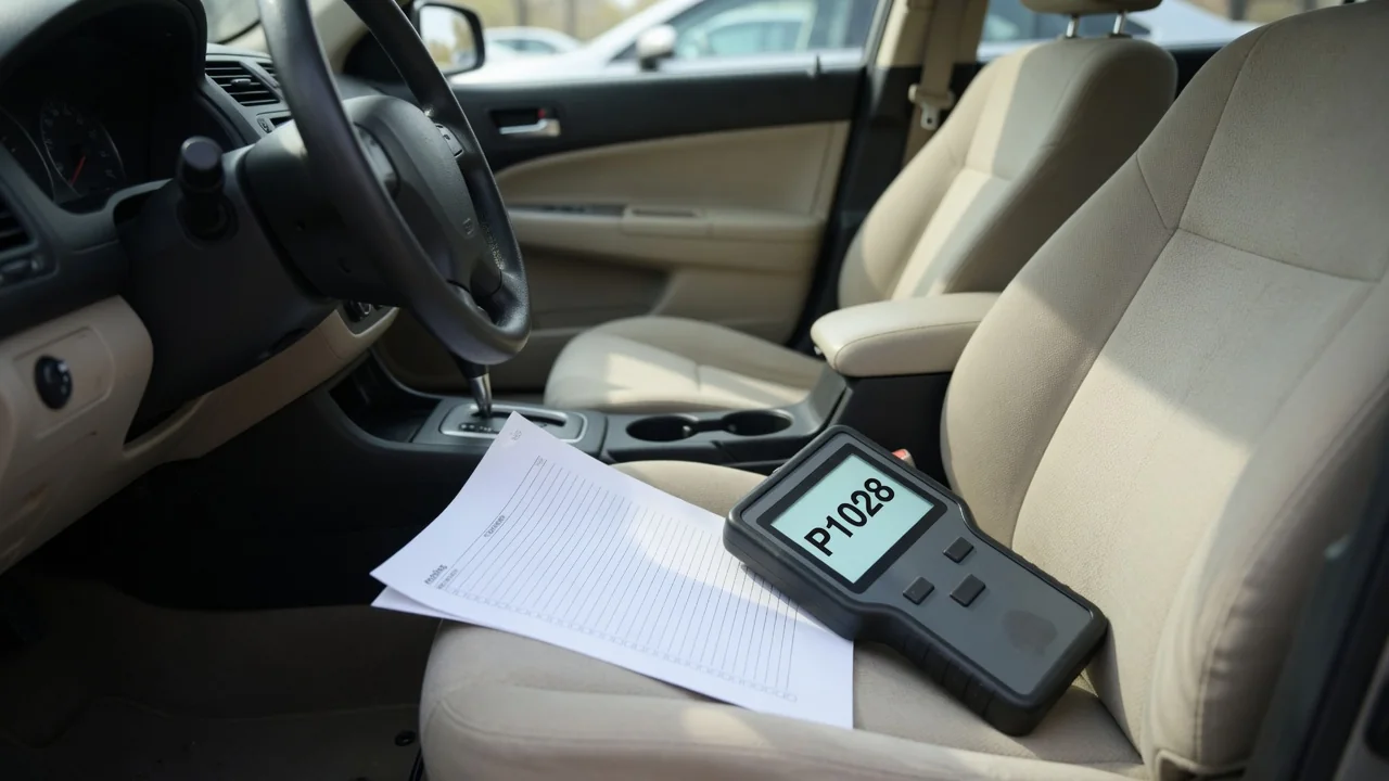 Diagnostic scanner displaying P1028 beside a vehicle identification checklist