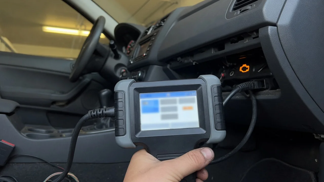 OBD-II scan tool plugged into a car's diagnostic port, reading a trouble code while the check engine light is on