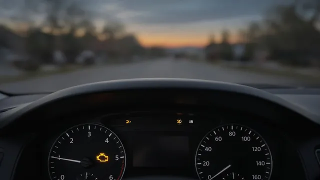 Car dashboard with an illuminated check engine light, showing a possible engine misfire while driving
