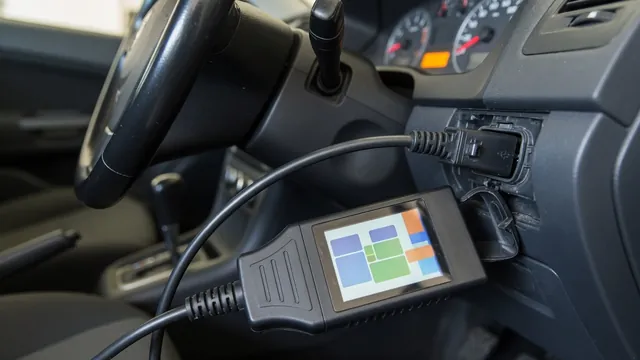 OBD-II scan tool plugged into a car's diagnostic port, with the check engine light on in the background