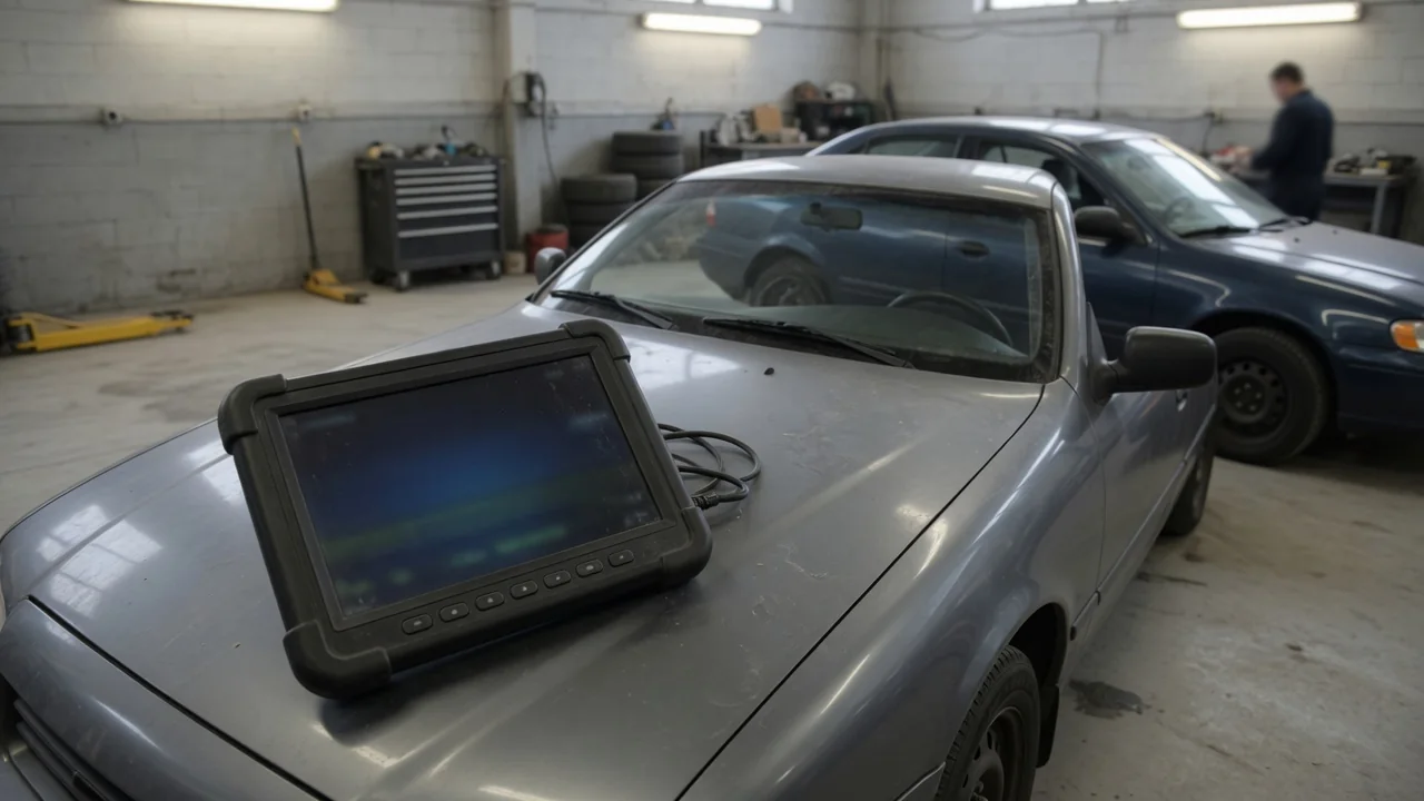 Diagnostic scan tool displaying P1494 beside a vehicle in an automotive service bay