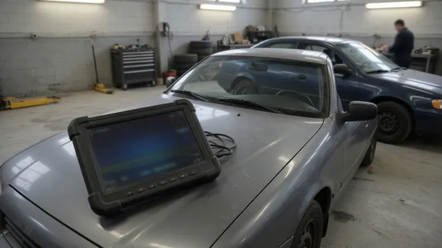 Diagnostic scan tool displaying P1494 beside a vehicle in an automotive service bay