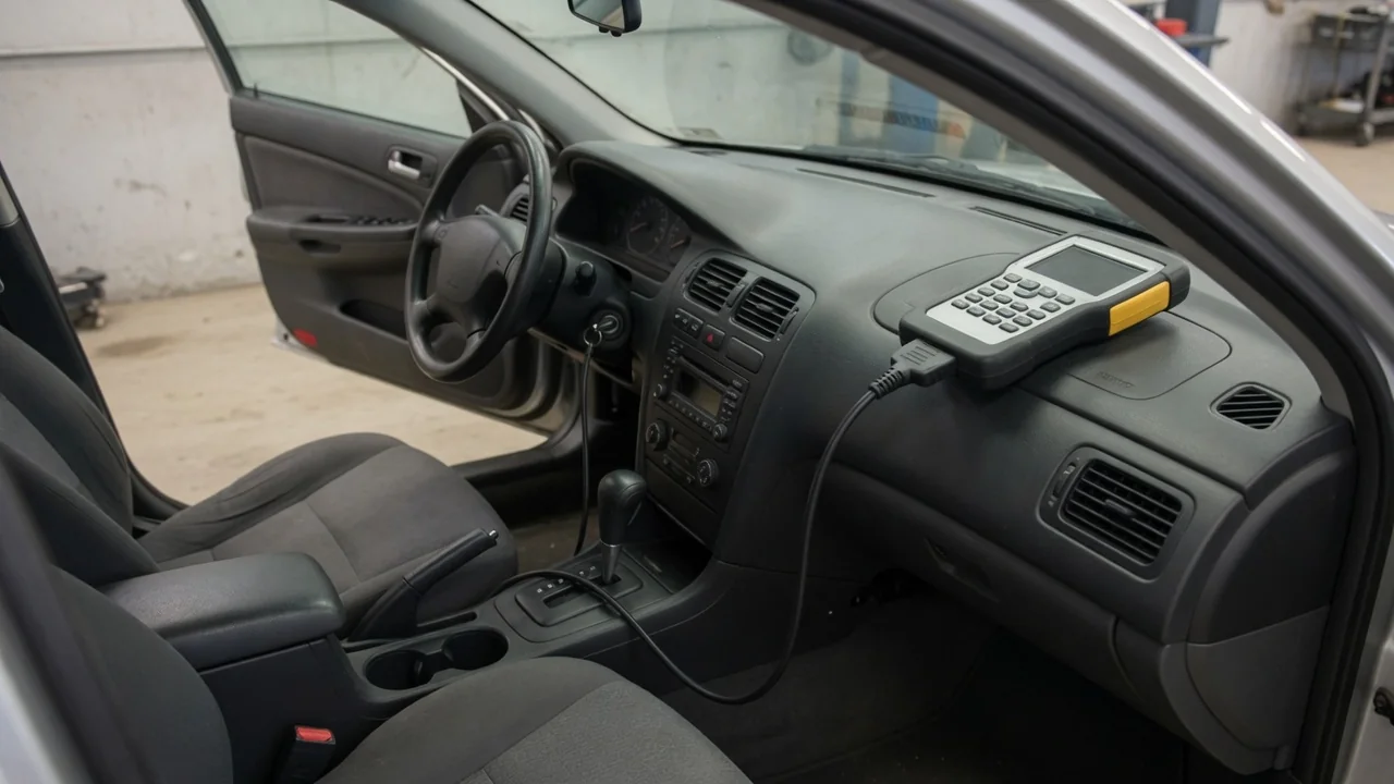 Diagnostic scan tool beside a vehicle dashboard during a P1745 fault investigation