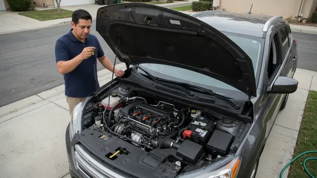 Owner checking the oil dipstick on a compact crossover with its hood open after hearing an engine knocking noise