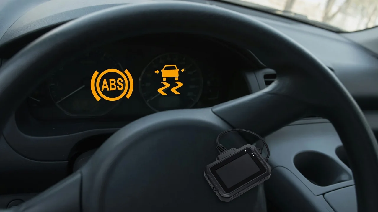 Dashboard with ABS and traction control warning lights on and an OBD2 scan tool reading a chassis code