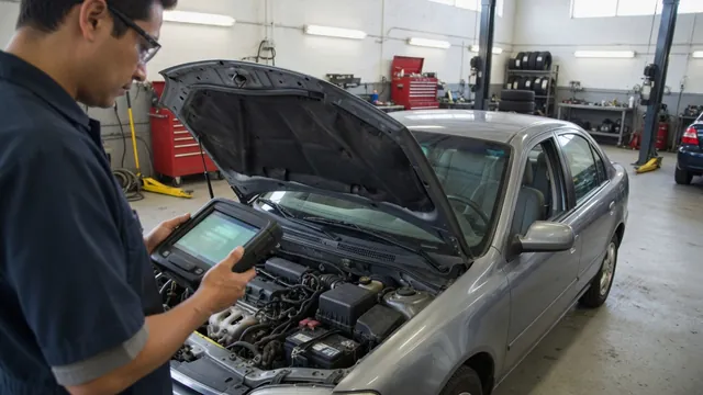Technician reviewing an engine diagnostic scan with a vehicle parked in a repair shop