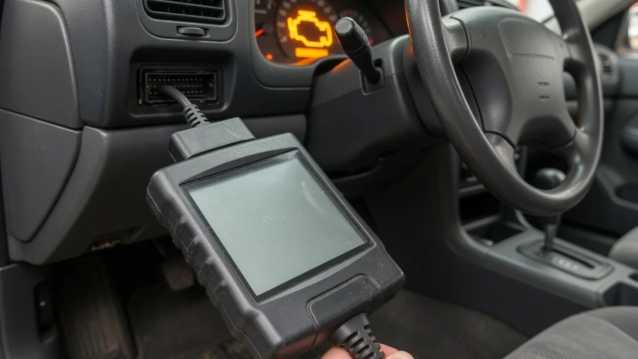 OBD-II scan tool showing a manufacturer-specific P19xx trouble code, with the check engine light on in the background