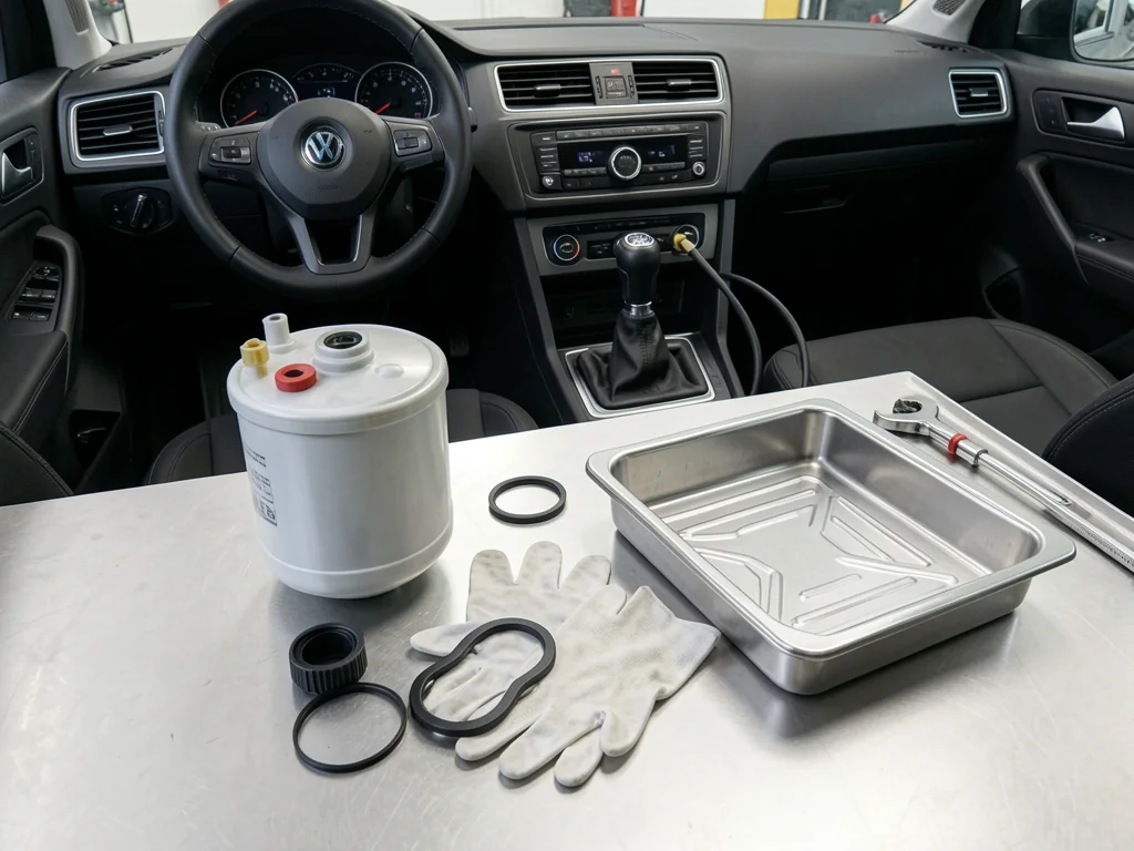 Diesel fuel filter cartridge and replacement seals arranged on a clean service bench