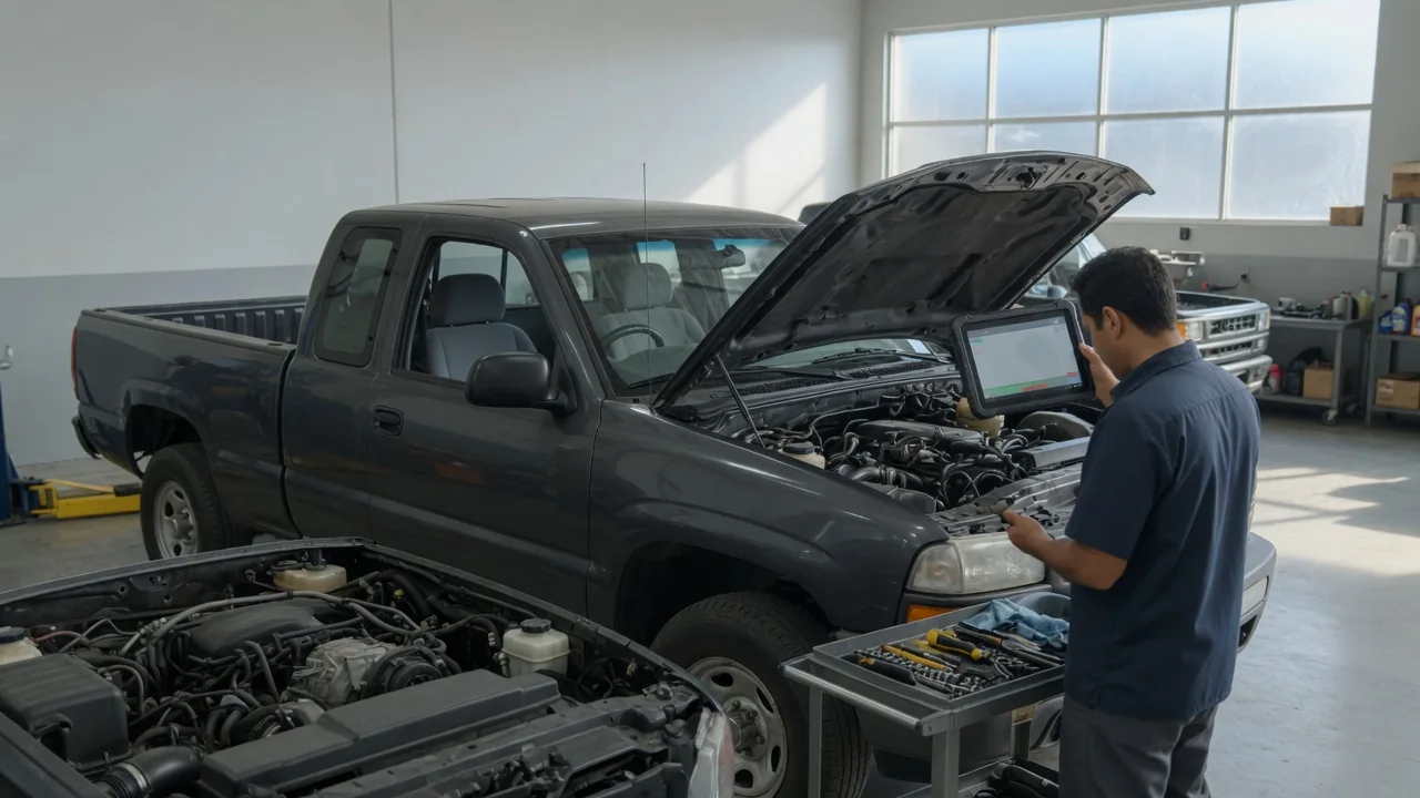 Technician reviewing diagnostic data beside a diesel engine with the engine off