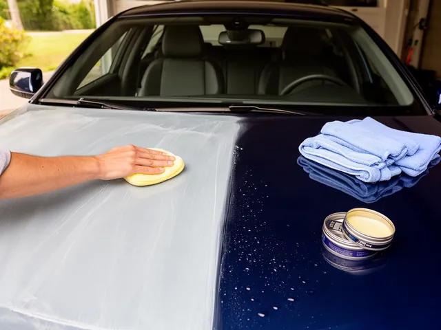 Person applying wax by hand to a dark blue car hood with a foam applicator, one side hazy and one side buffed glossy