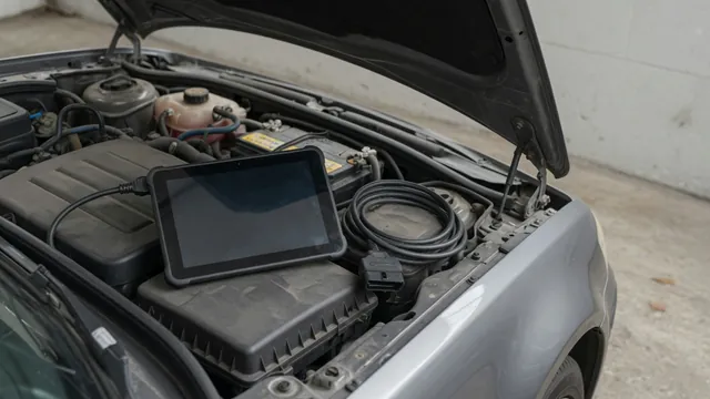 Diagnostic scan tool displaying P1504 beside a parked vehicle in an automotive workshop