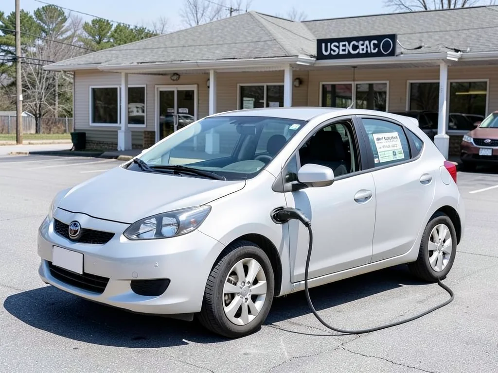 A used compact sedan parked outside a dealership with its fuel economy window label visible