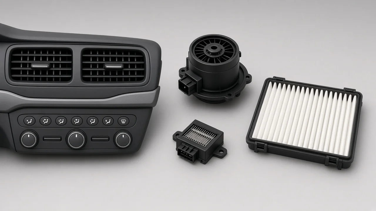 Car dashboard vents and climate controls with a cabin blower motor and resistor shown alongside