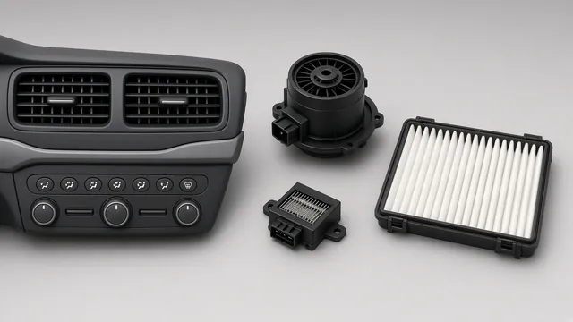 Car dashboard vents and climate controls with a cabin blower motor and resistor shown alongside