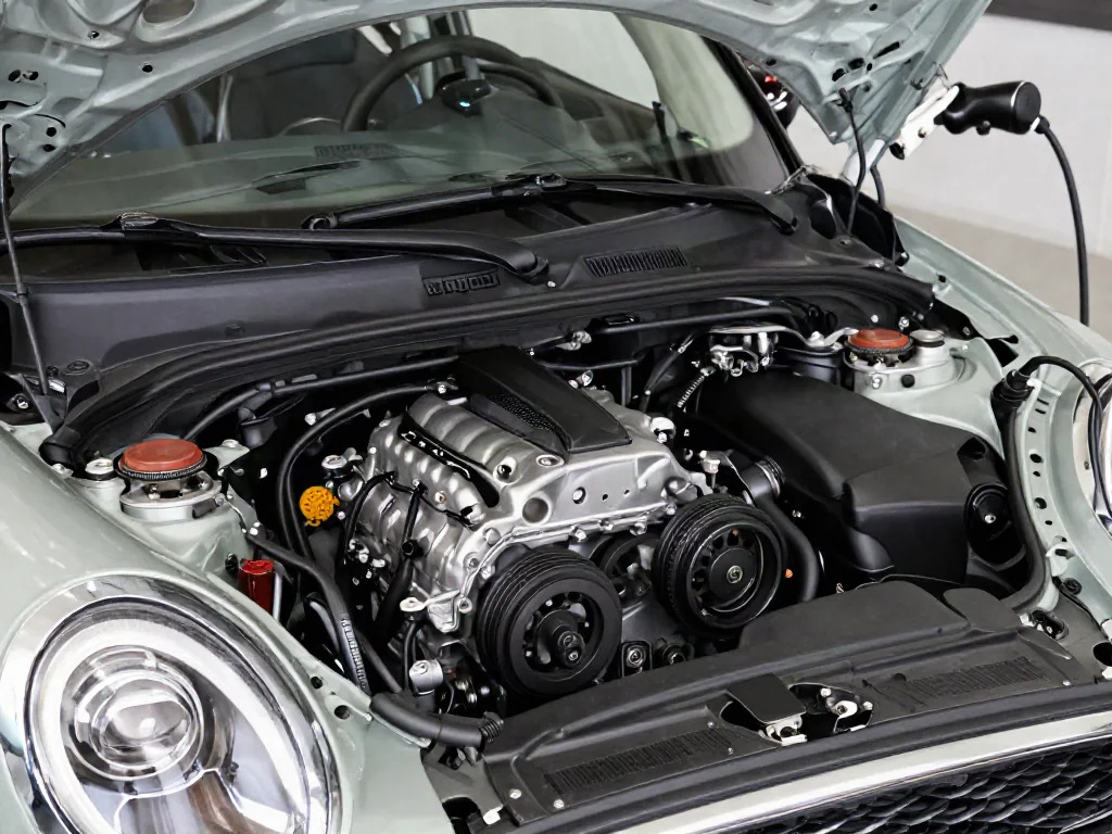 Serpentine belt and accessory pulleys in a Mini Cooper engine bay with the engine off