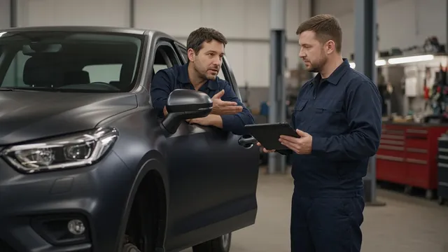 Driver discussing acceleration-related stalling with a technician beside a parked car